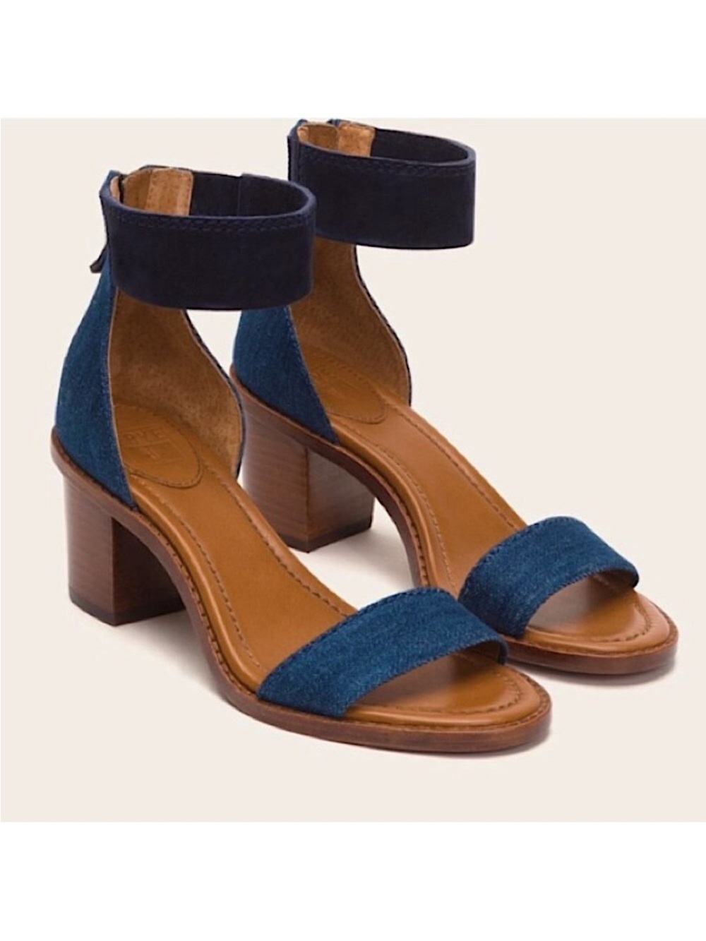 Frye Brielle Denim Block Heel Sandals Blue Ankle Strap Leather Heels 10